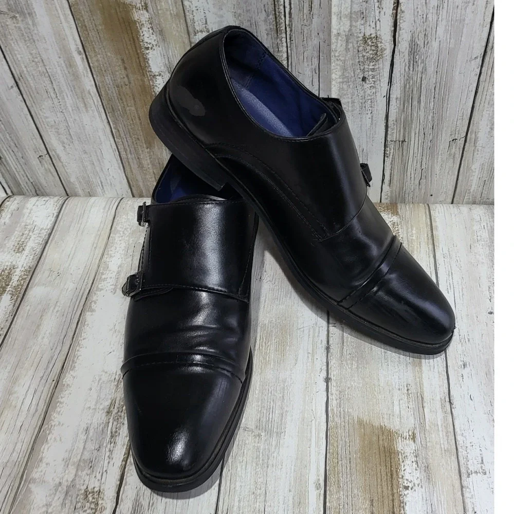 Bruno Marc Mens Black Double Monk‎ Strap Dress Shoes Size 7.5M Cap Toe